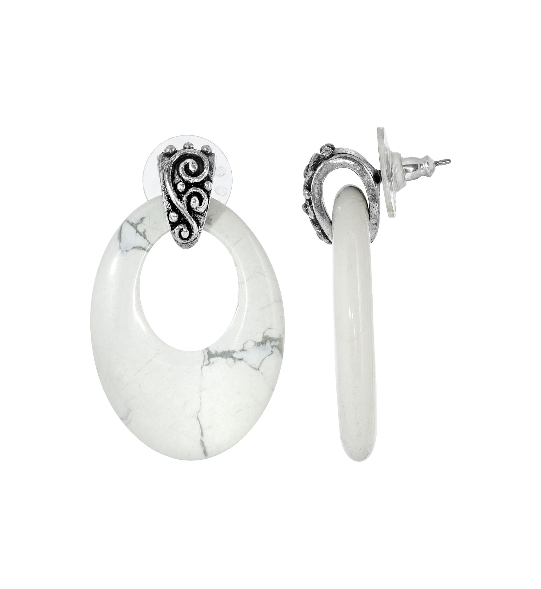 Pewter Oval White Howlite Hoop Earrings