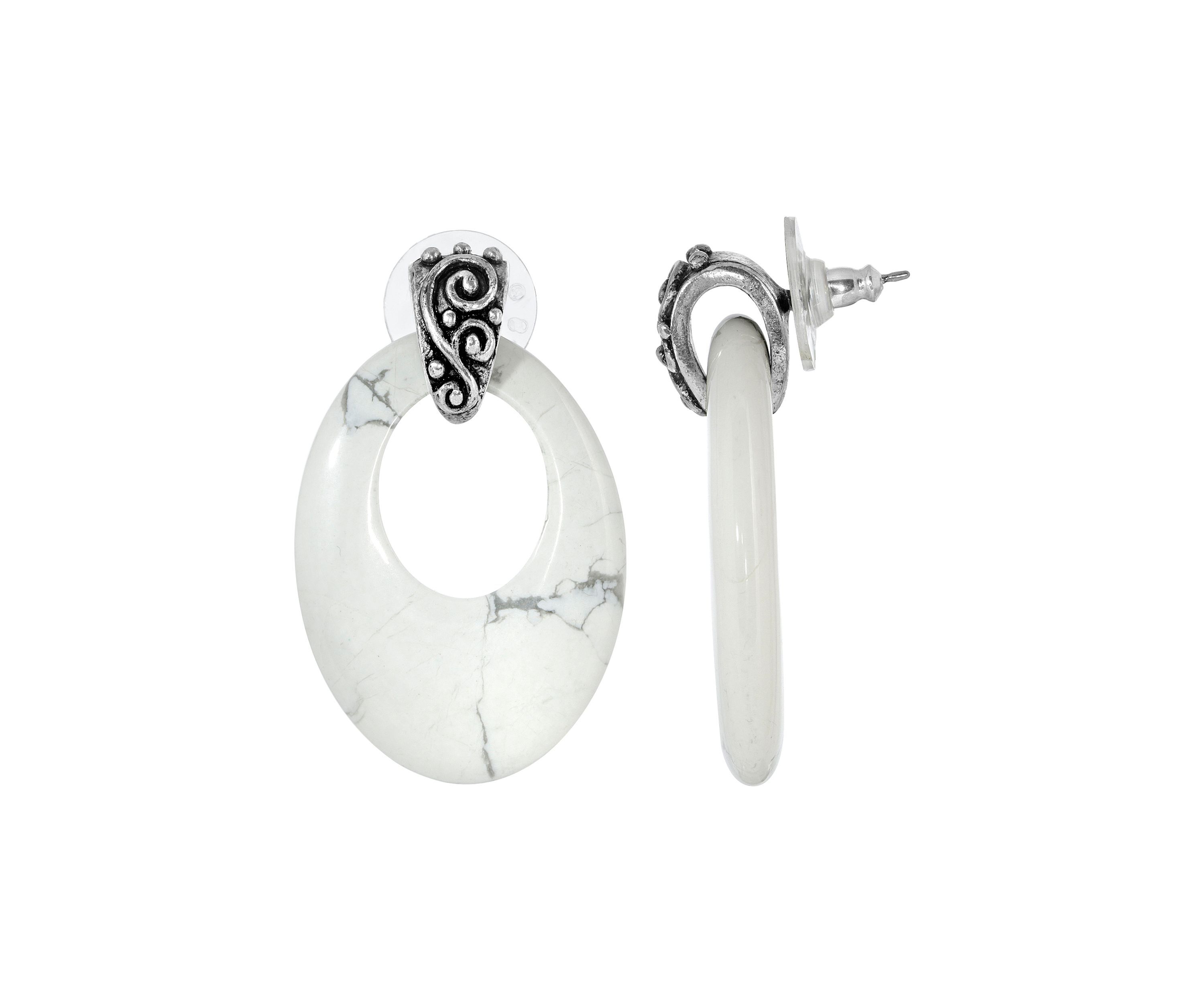 Pewter Oval White Howlite Hoop Earrings
