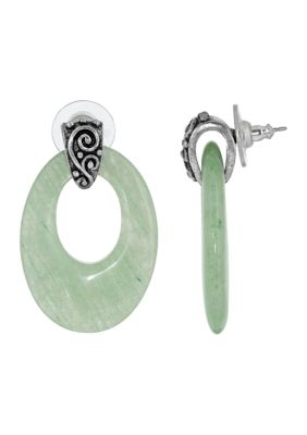 Pewter Oval Green Aventurine Hoop Earrings