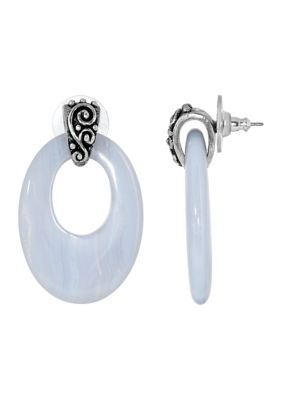 Pewter Oval Blue Lace Hoop Earrings