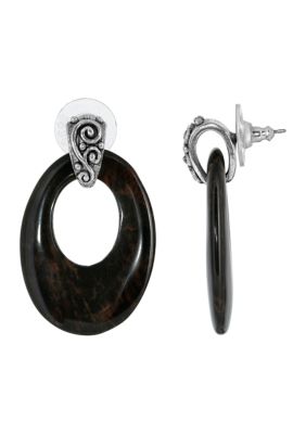 Pewter Oval Brown Obsidian Hoop Earrings