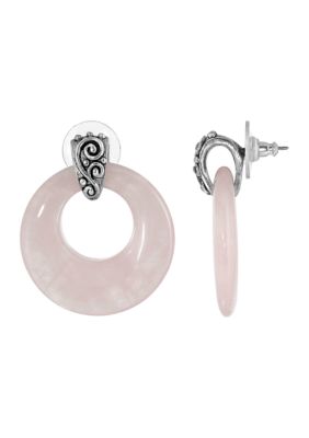 Pewter Round Rose Quartz Hoop Earrings