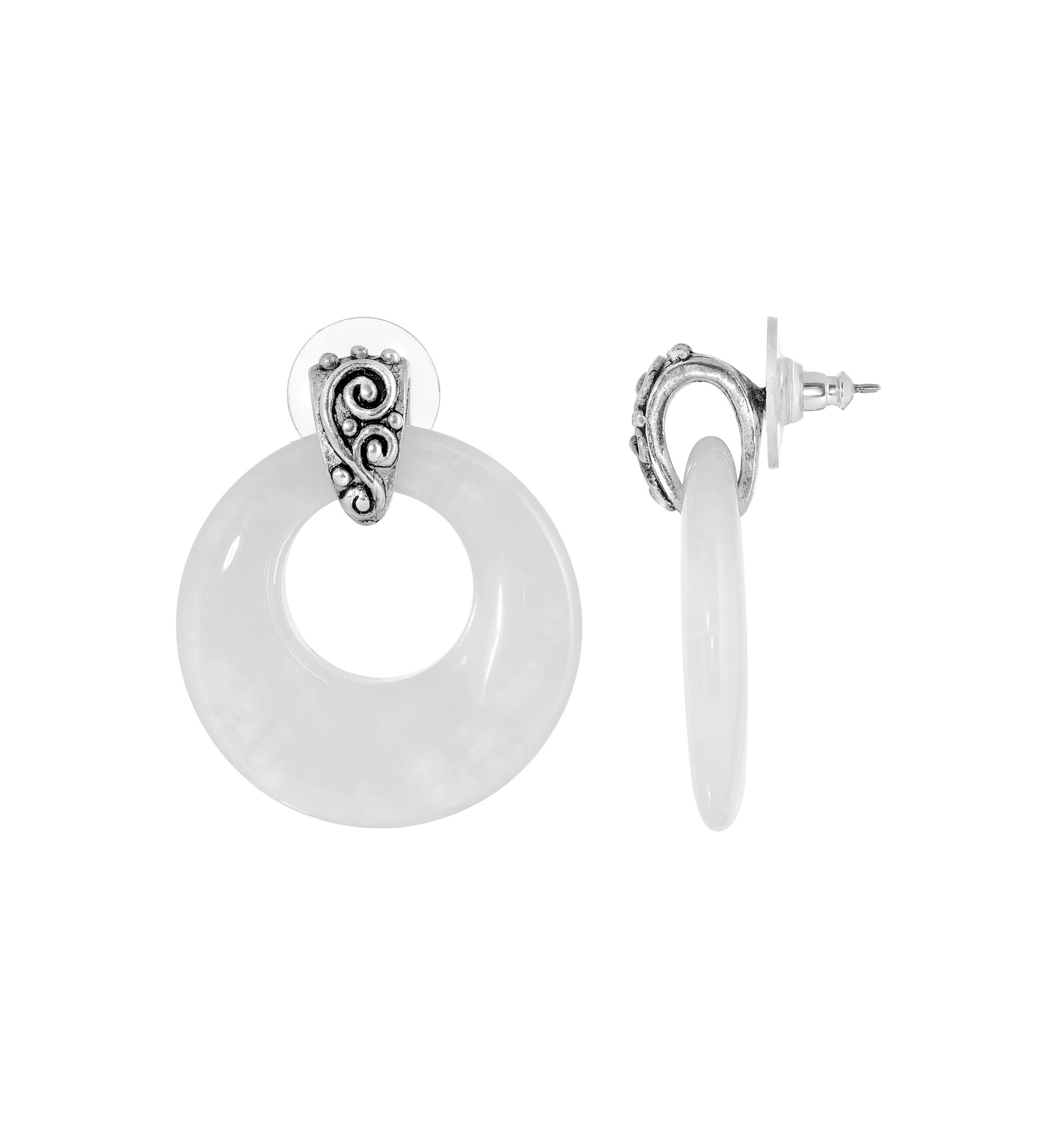 Pewter Round White Quartz Hoop Earrings
