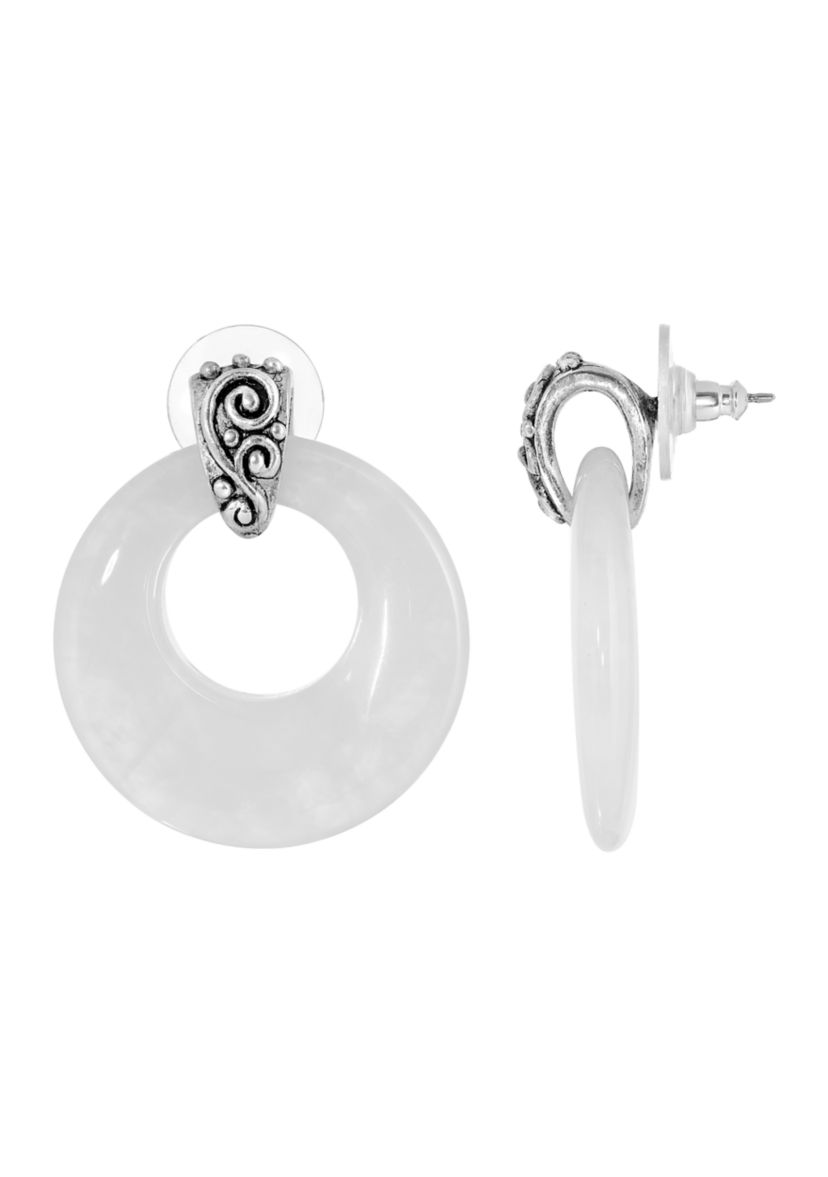 Pewter Round White Quartz Hoop Earrings