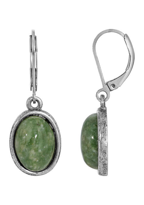 1928 Jewelry Silver Tone Jade Oval Drop Earrings
