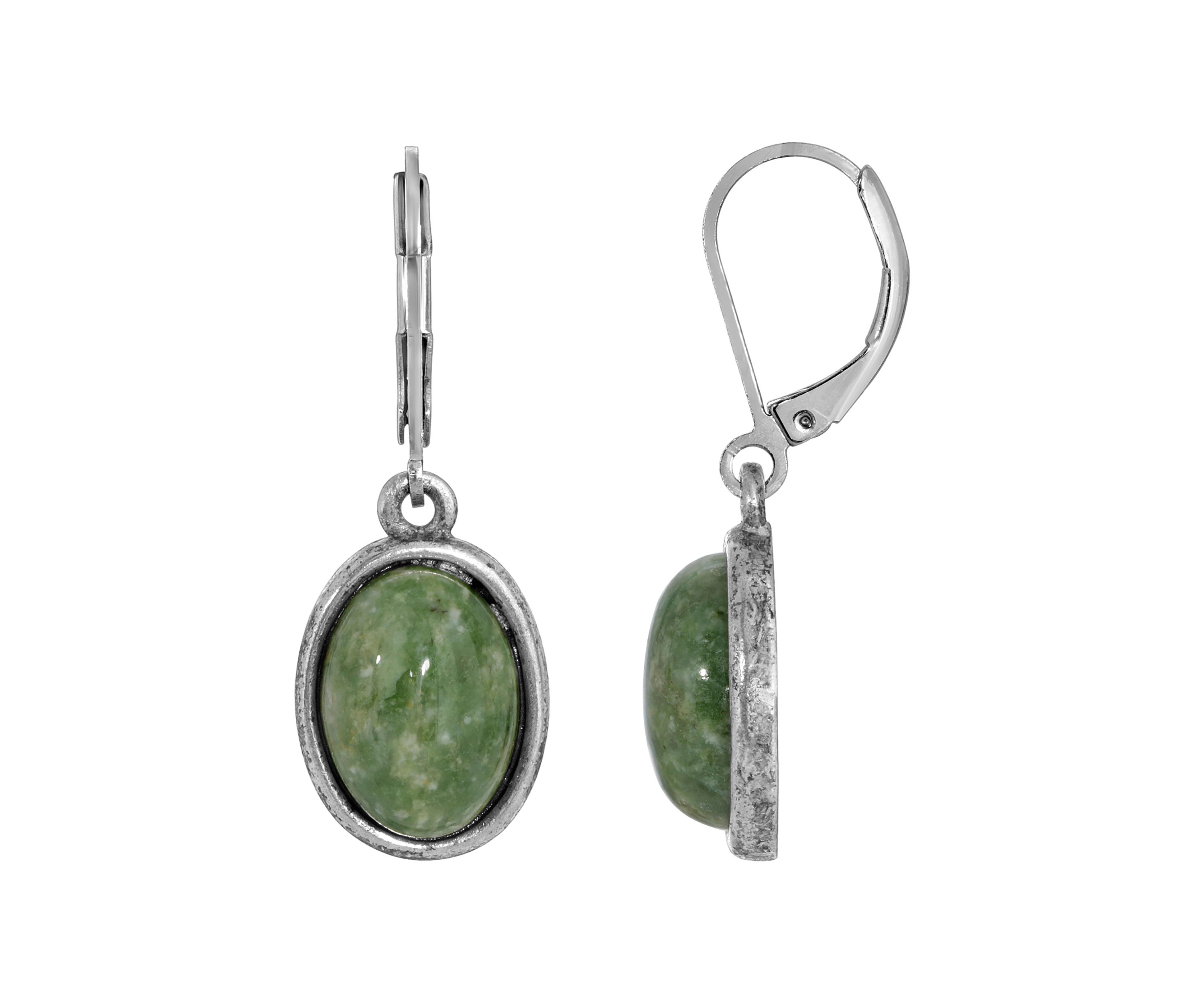Silver Tone Jade Oval Drop Earrings