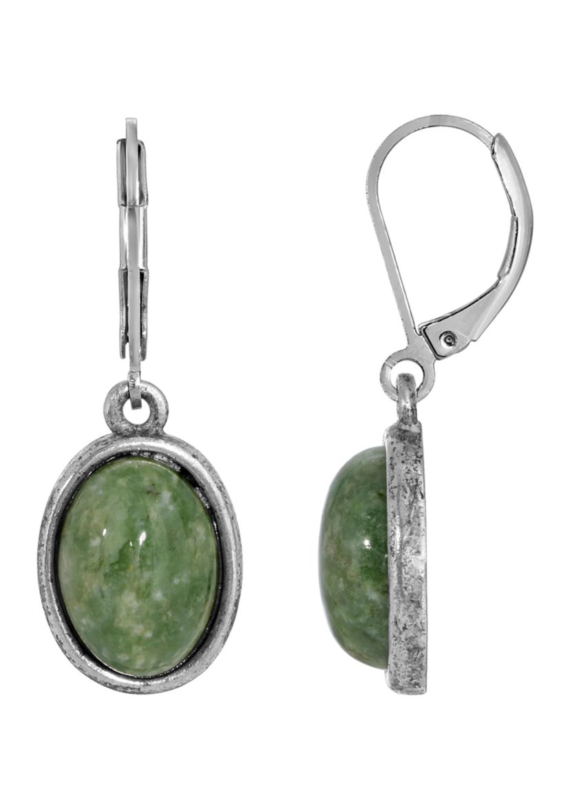Silver Tone Jade Oval Drop Earrings