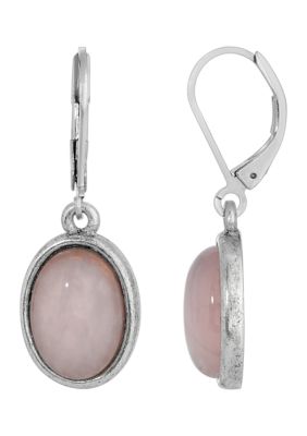 Silver Tone Pink Rose Quartz Oval Drop Earrings
