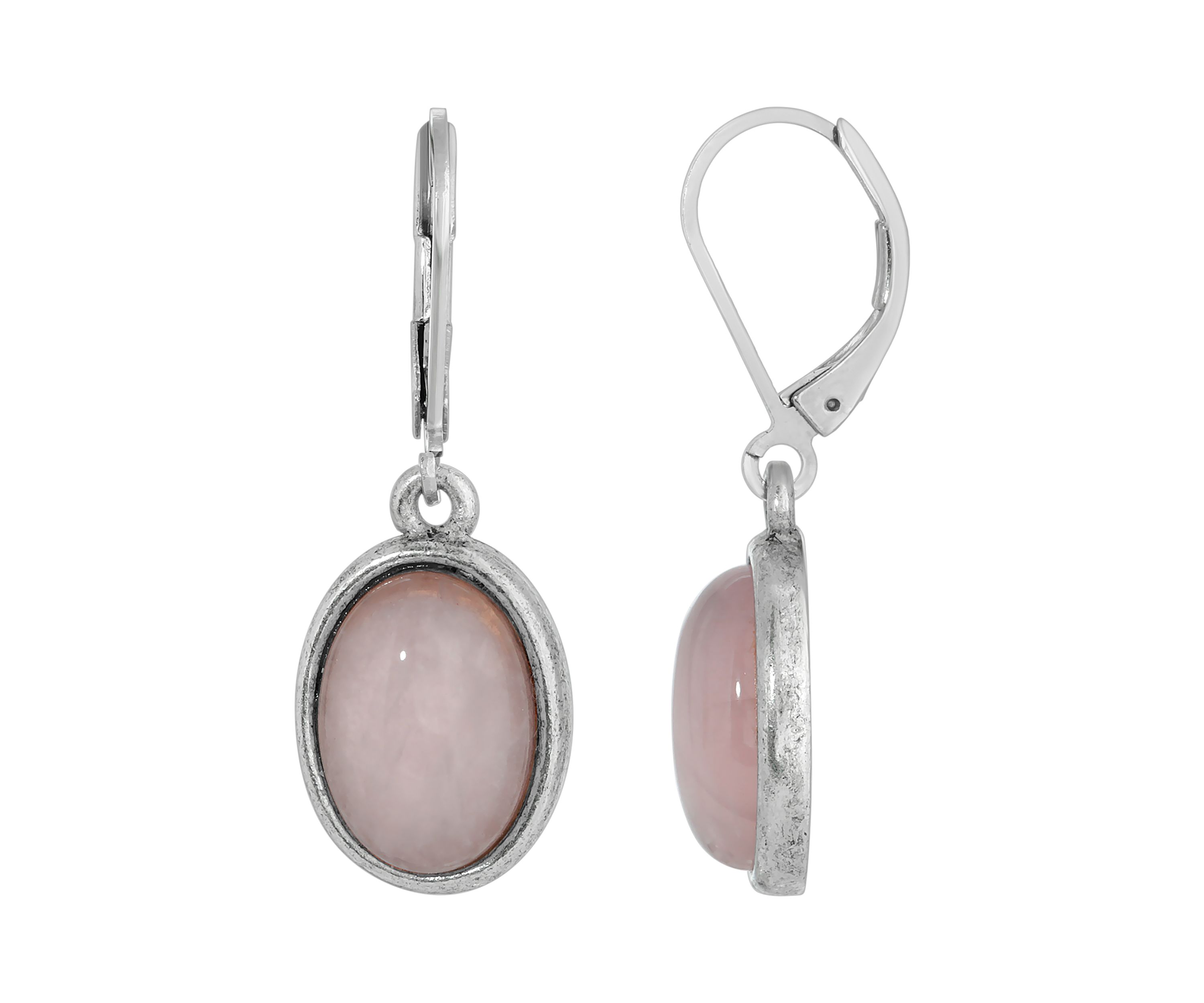 Silver Tone Pink Rose Quartz Oval Drop Earrings