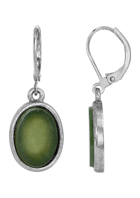 1928 Jewelry Silver Tone Jade Oval Flat Drop