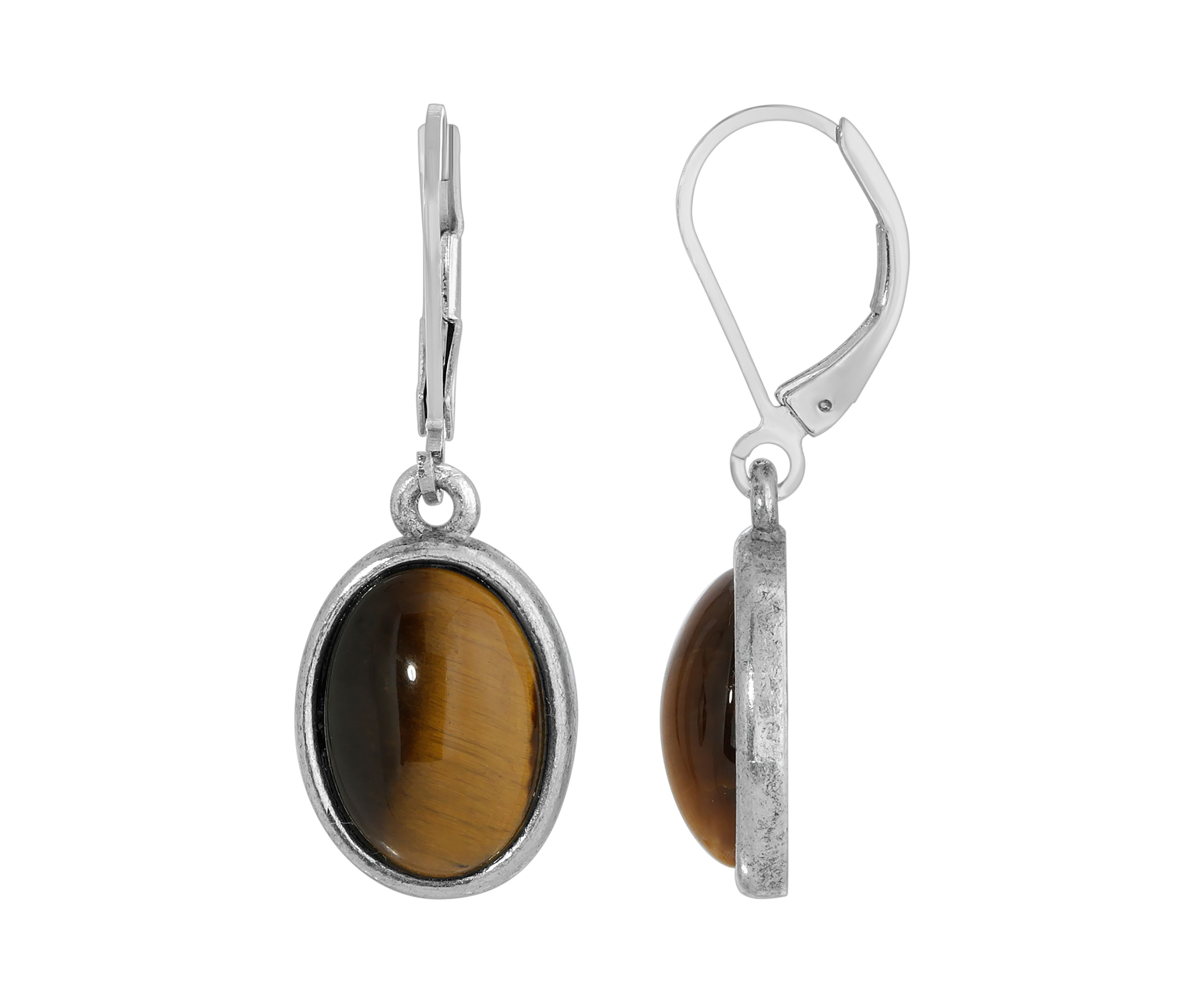 Silver Tone Tiger Eye Oval Drop Earrings