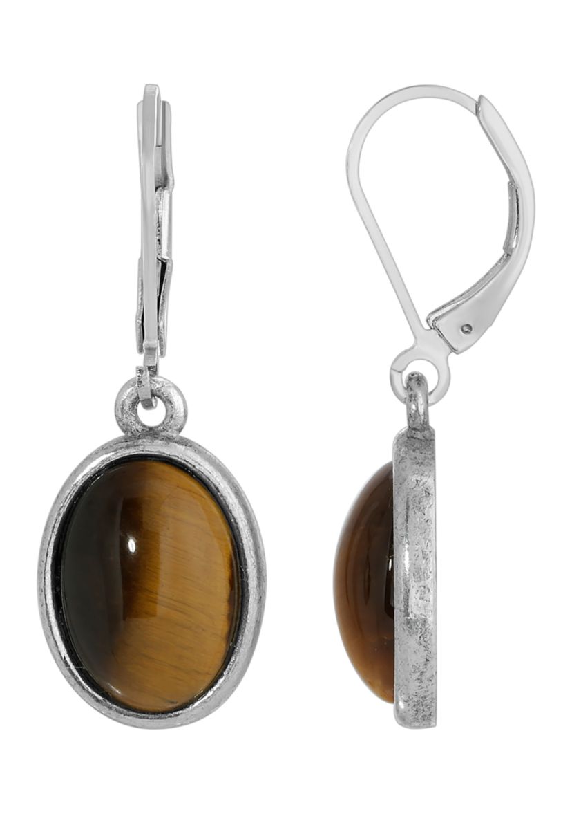 Silver Tone Tiger Eye Oval Drop Earrings