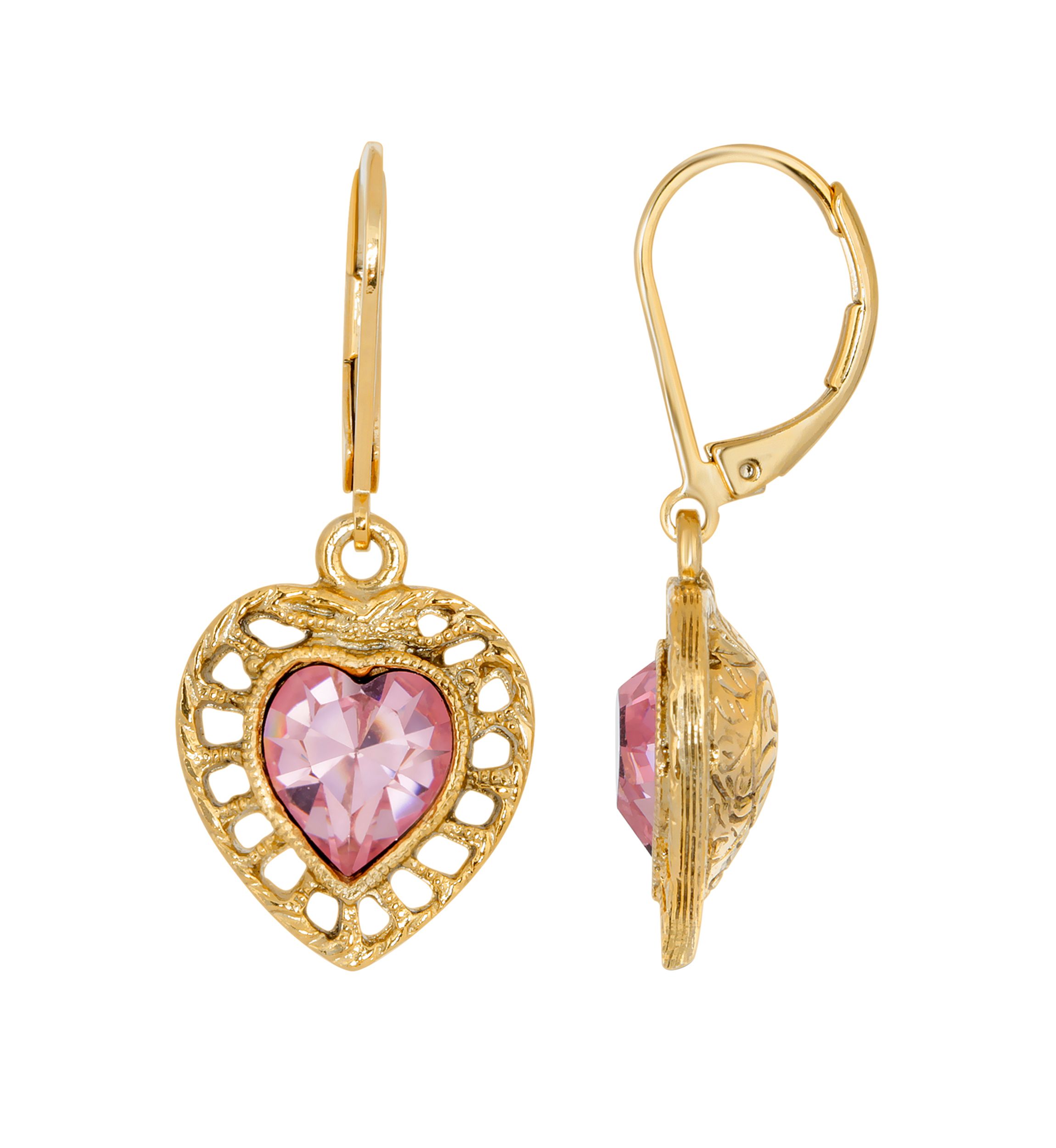 14K Gold Dippef Pink Genuine Swarovski® Crystal Heart Drop Earrings