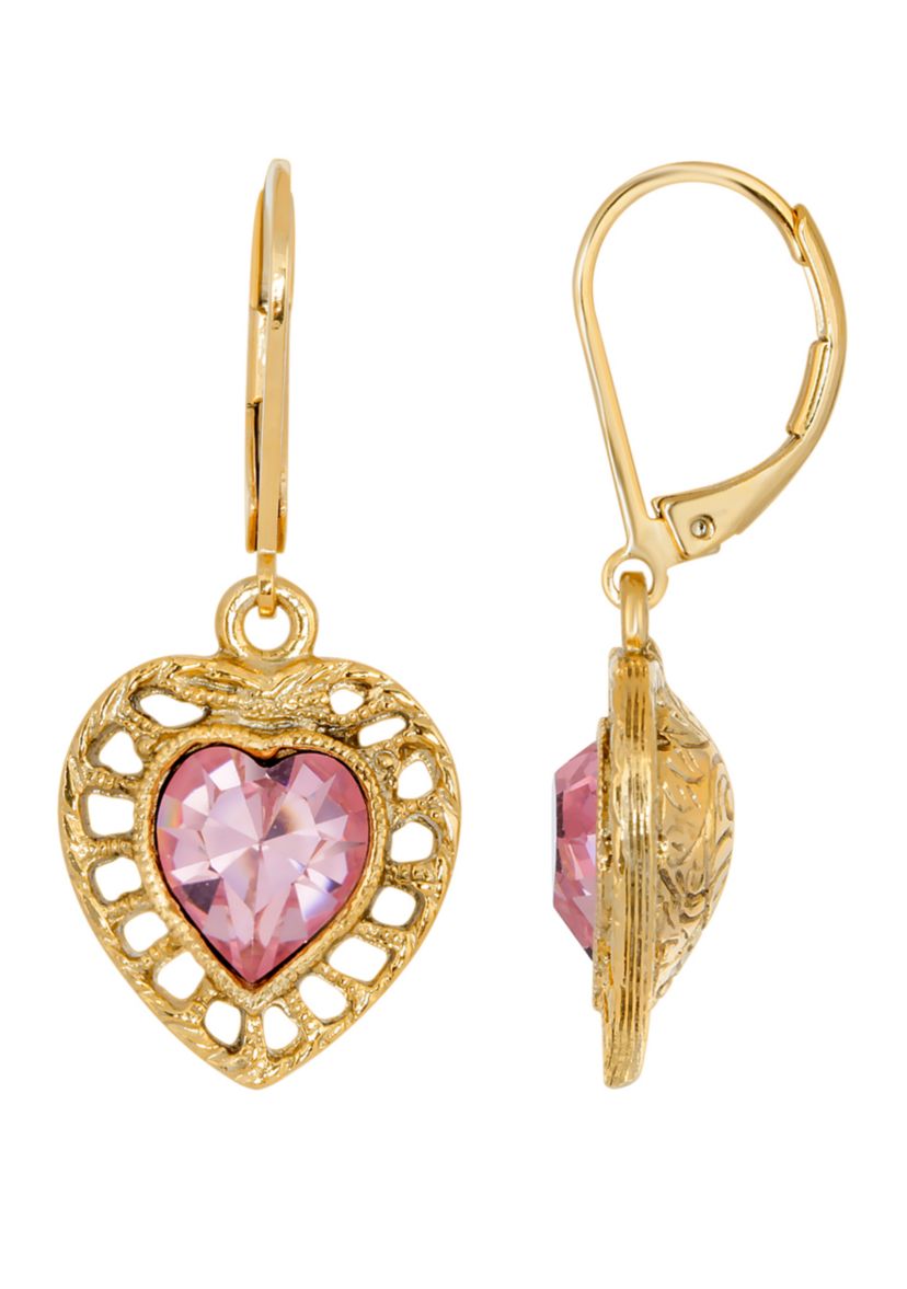 14K Gold Dippef Pink Genuine Swarovski® Crystal Heart Drop Earrings