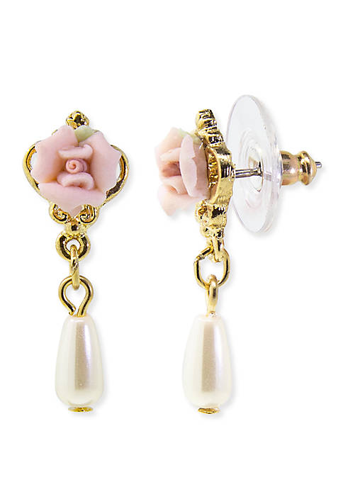 Gold-Tone Pink Porcelain Rose Simulated Pearl Drop Earrings