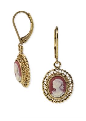 Gold-Tone Simulated Dark Carnelian Cameo Oval Drop Earrings