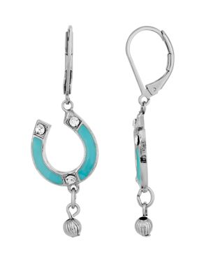 Silver Tone Enamel Turquoise Color with Crystal Accents Horsehoe Drop Earrings