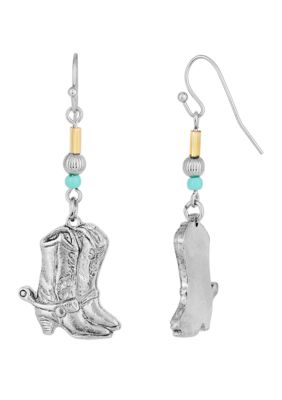 Silver Tone and Imitation Turquoise Accent Western Boots Drop Earrings