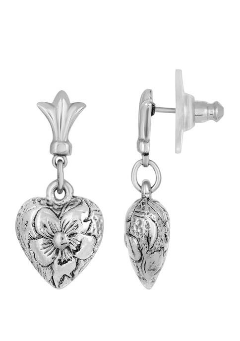 1928 Jewelry Silver Tone Textured Heart Drop Earrings