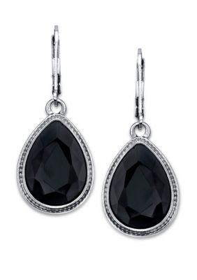 Silver Tone Black Faceted Pearshape Drop Earrings