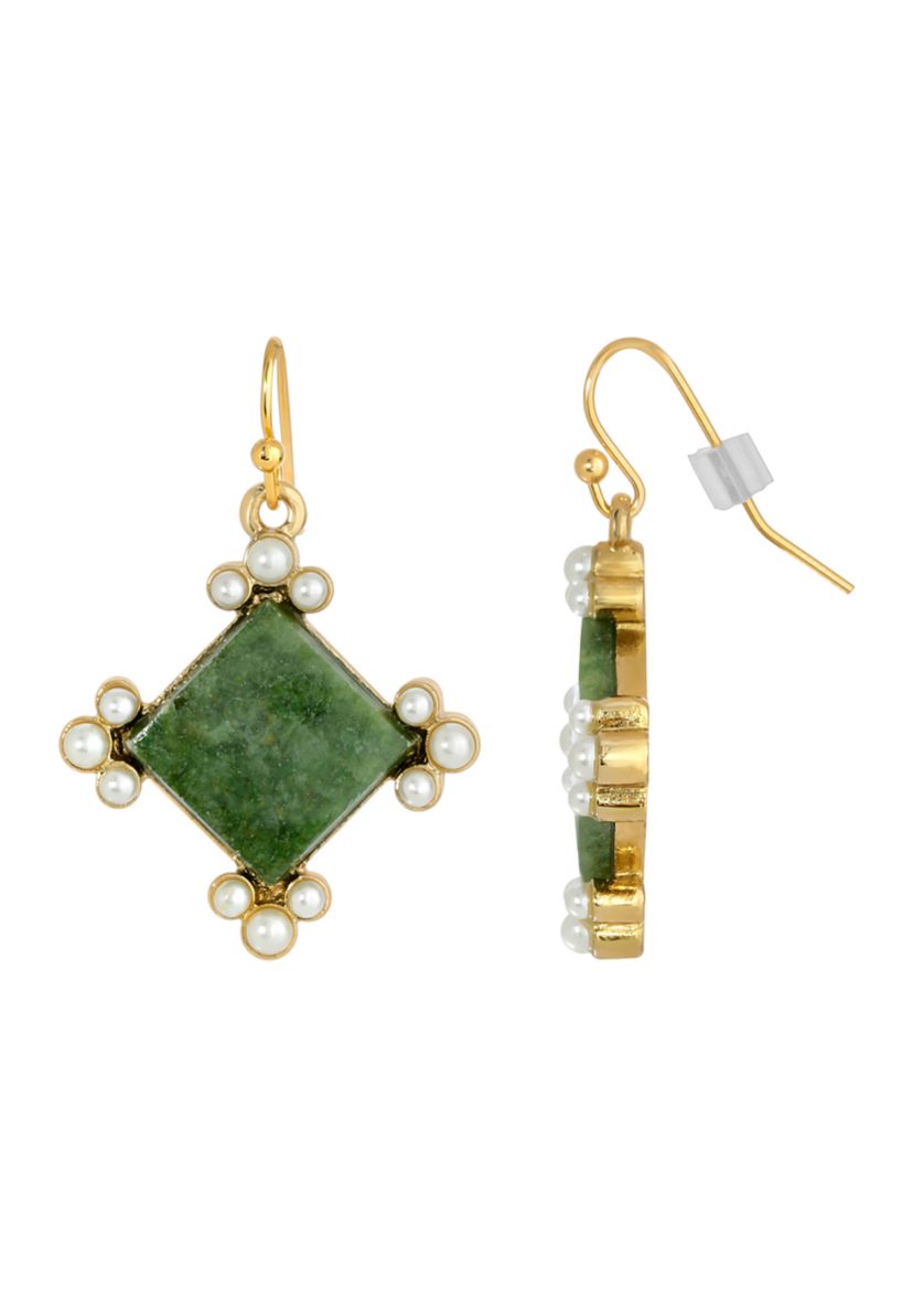 Gold Tone Aventurine Green Drop Earrings
