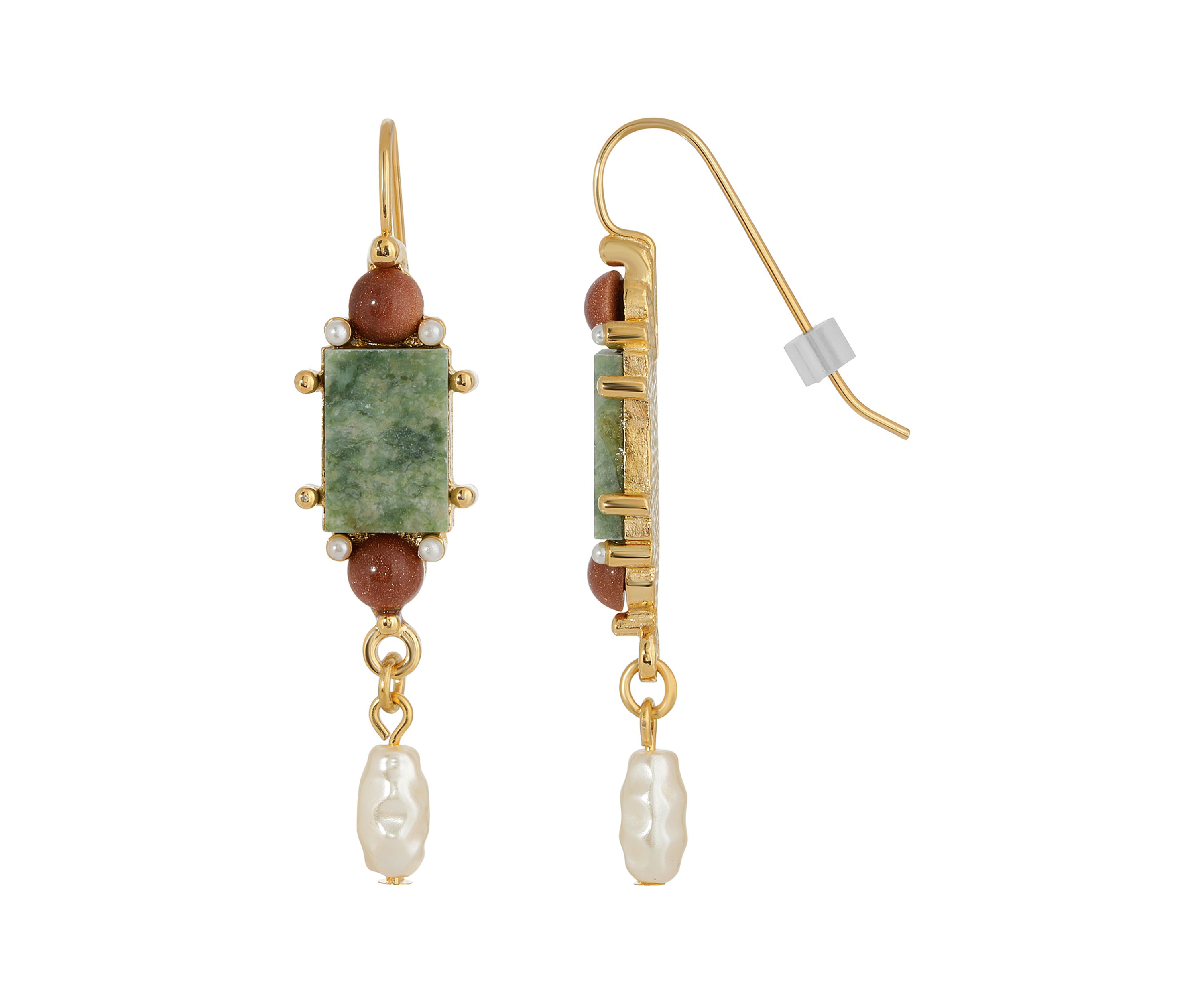 Gold Tone Aventurine Green Rectangle Pearl Drop Earrings