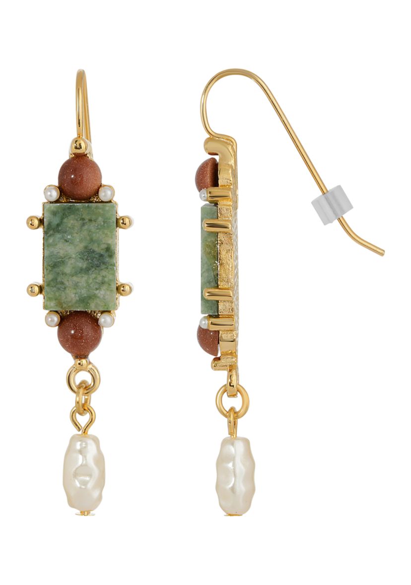 Gold Tone Aventurine Green Rectangle Pearl Drop Earrings