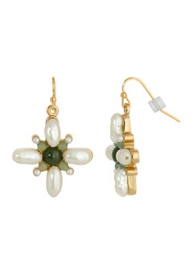 Gold Tone Faux Pearl and Aventurine Drop Earrings