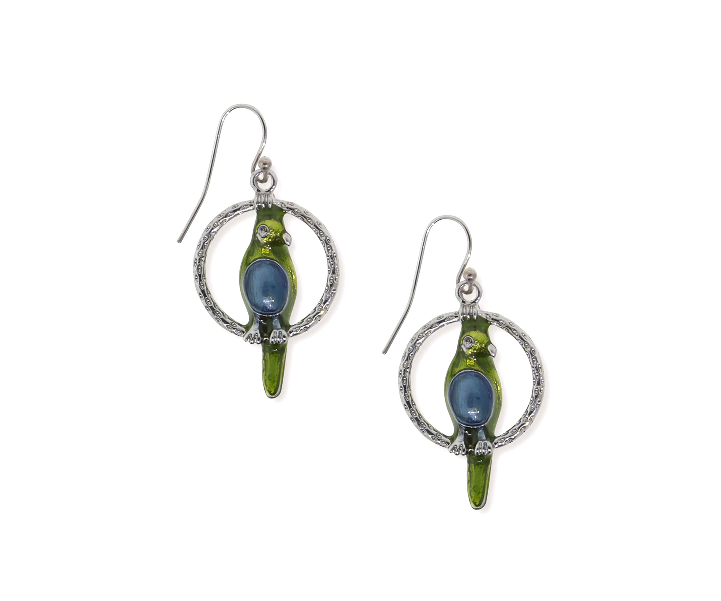 Pewter Hoops with Blue and Green Enamel Parrot Earrings