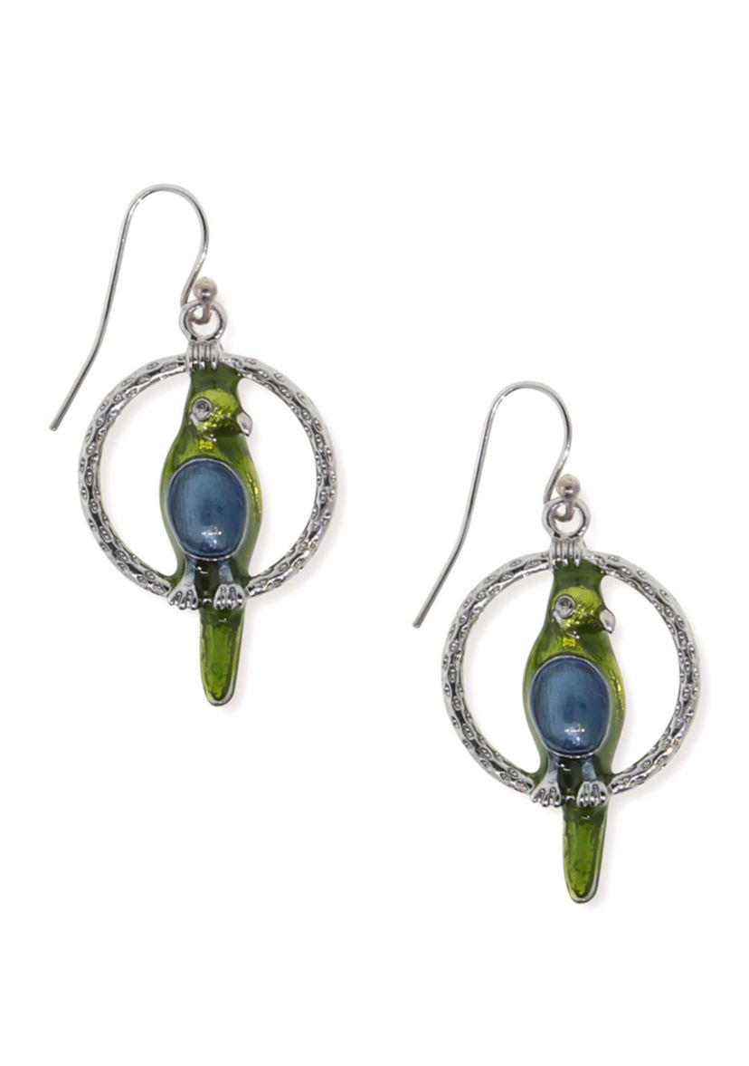 Pewter Hoops with Blue and Green Enamel Parrot Earrings