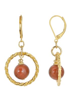 Gold Tone Sandstone Round Stone Hoop Earrings