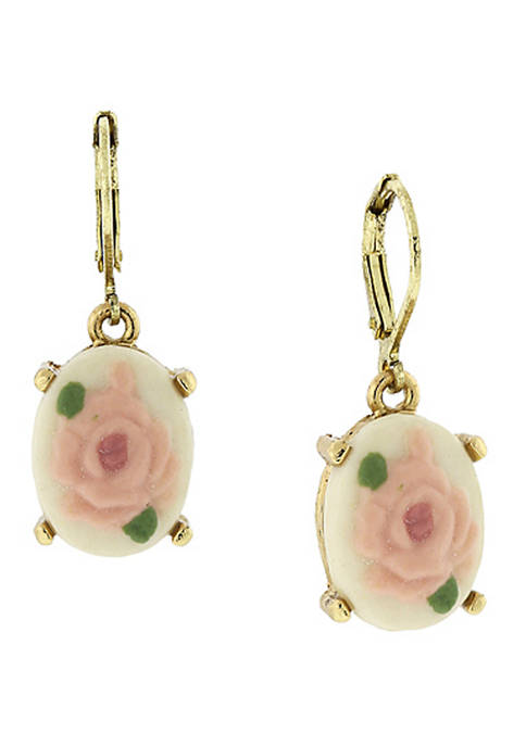 14k Gold Dipped Pink and White Porcelain Rose Cameo Drop Earrings