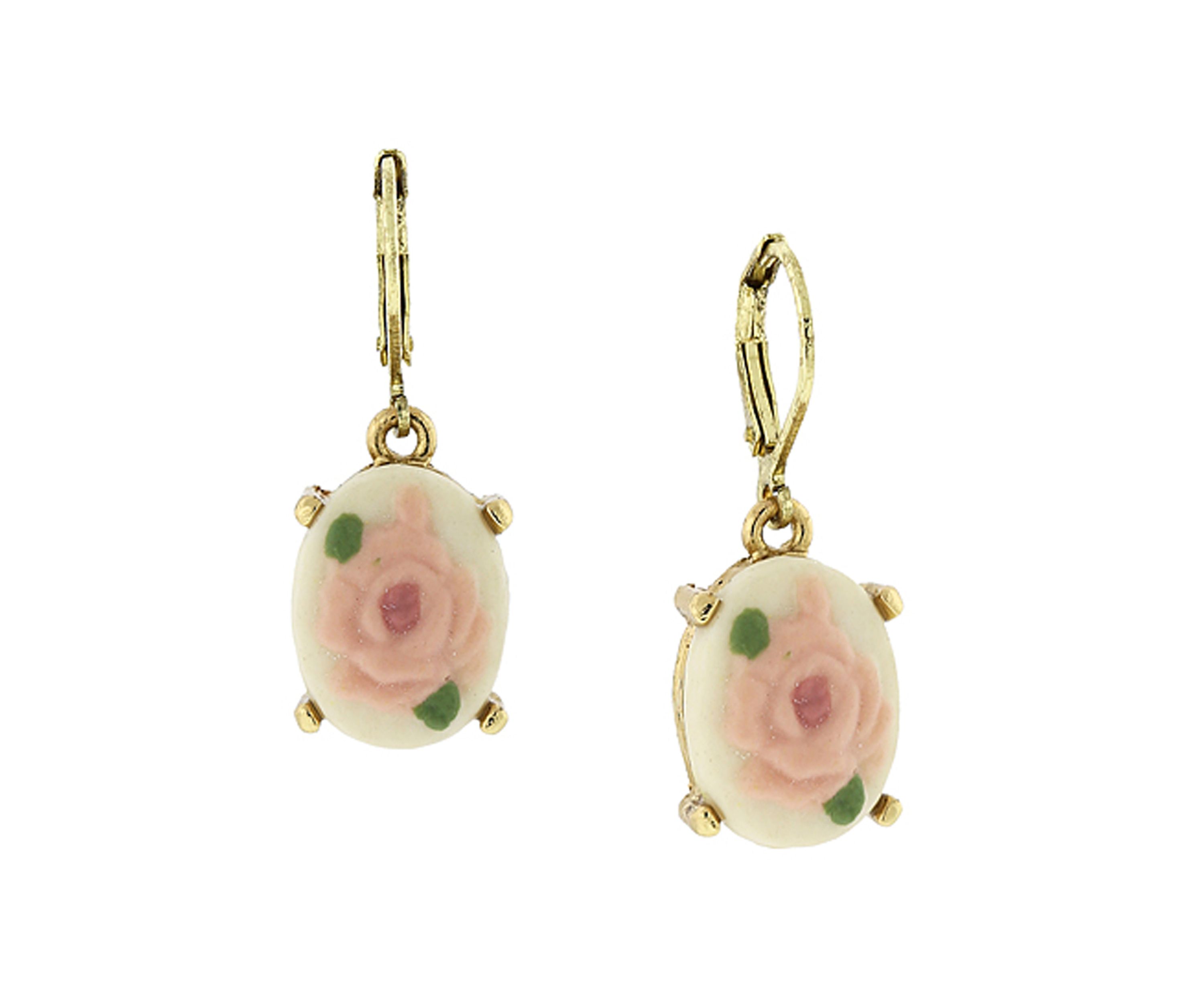 14k Gold Dipped Pink and White Porcelain Rose Cameo Drop Earrings