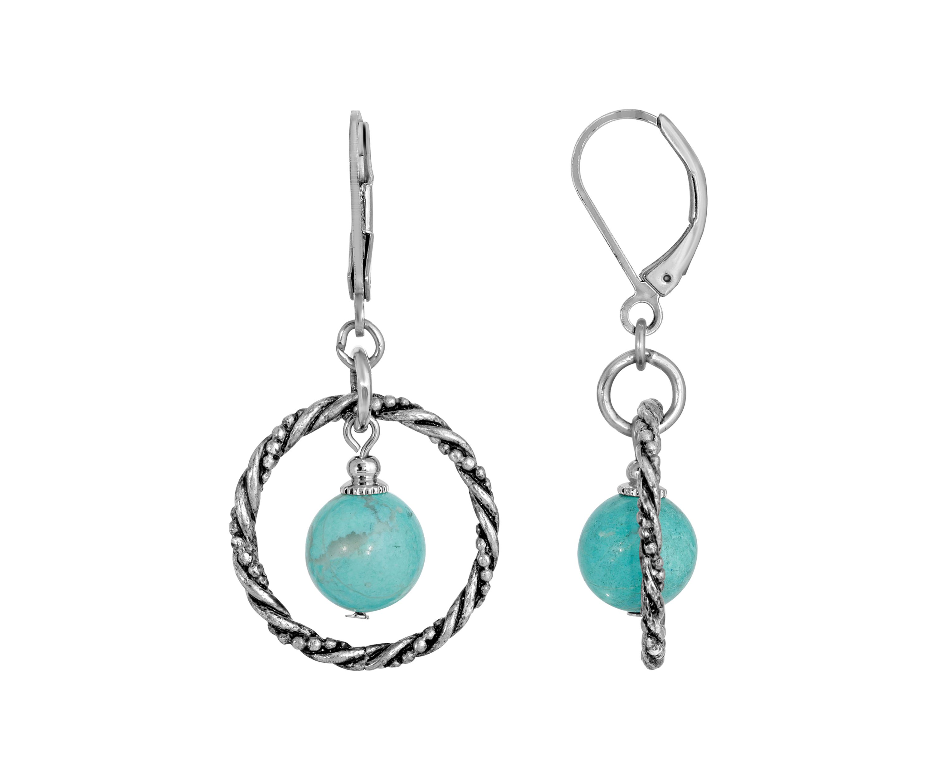 Silver Tone Genuine Stone Turquoise Round Stone Hoop Earrings