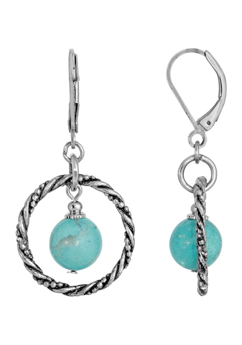 Silver Tone Genuine Stone Turquoise Round Stone Hoop Earrings