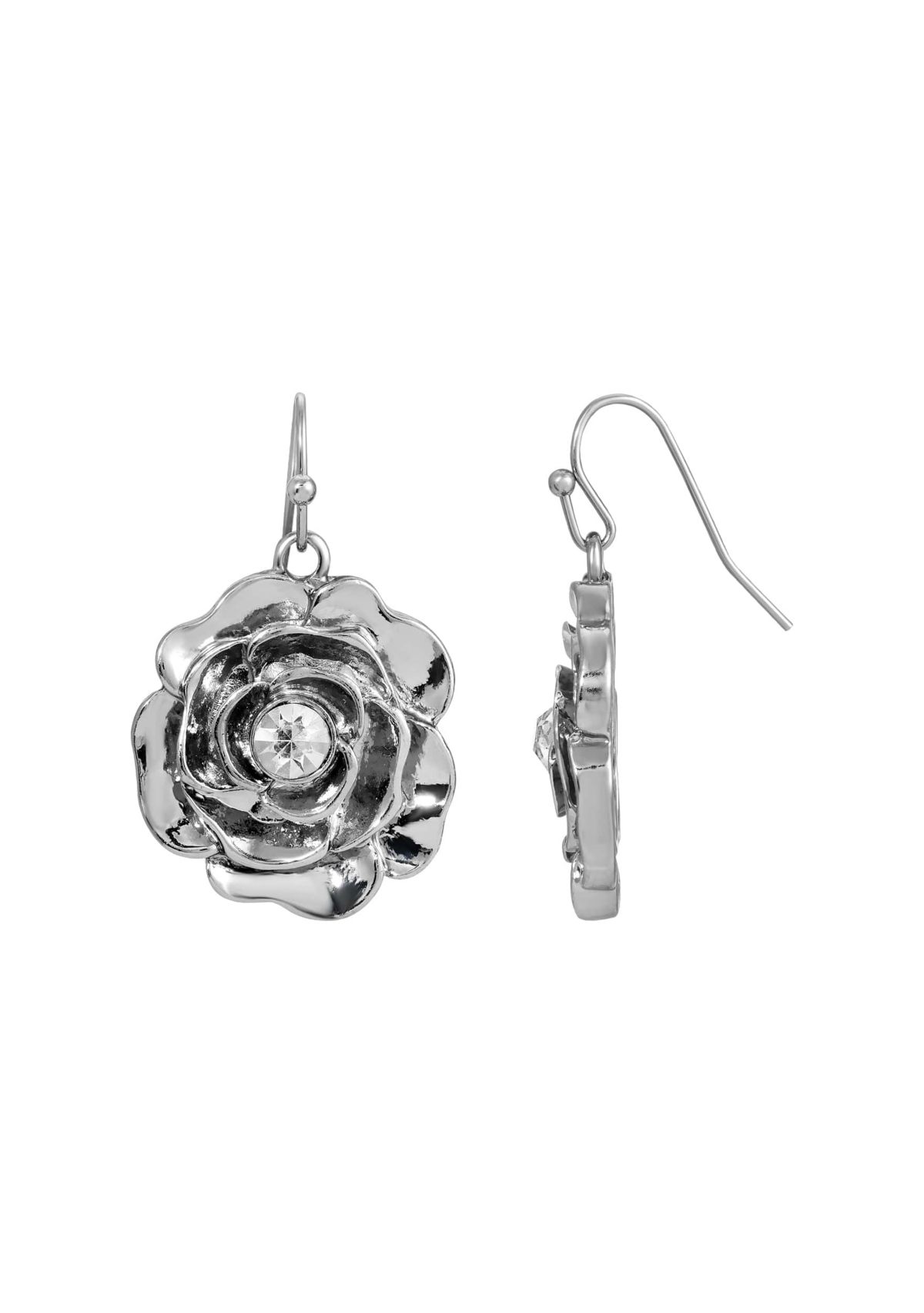 Silver-Tone Crystal Accent Flower Drop Earrings
