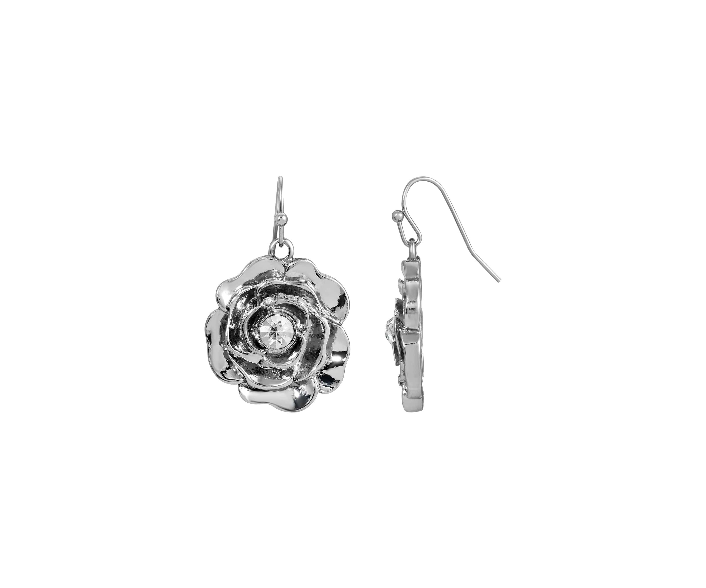 Silver-Tone Crystal Accent Flower Drop Earrings