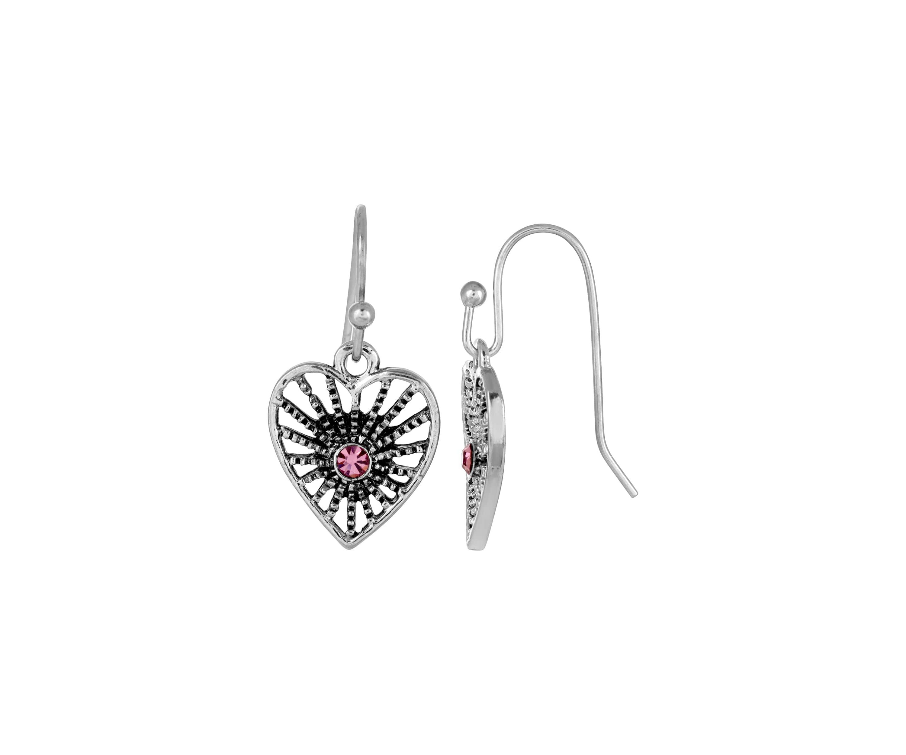 Antiqued Silver-Tone Purple Petite Filigree Heart Earrings