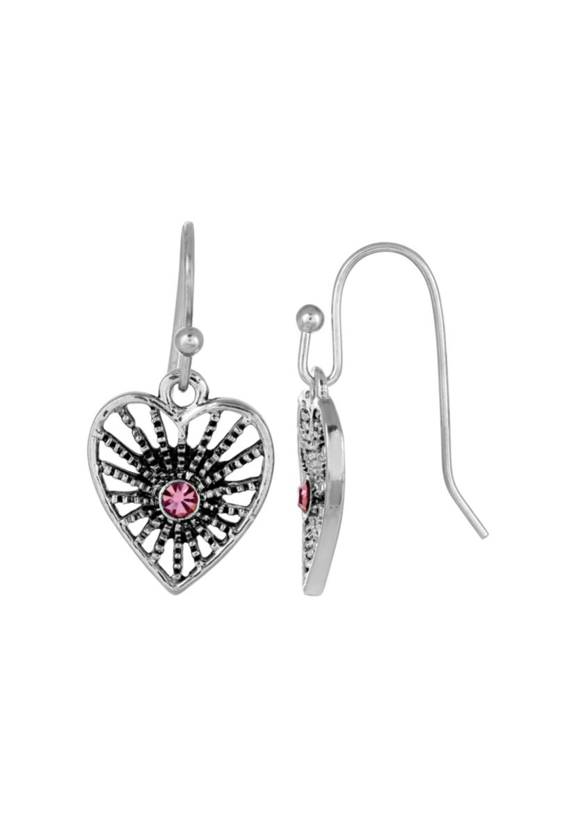 Antiqued Silver-Tone Purple Petite Filigree Heart Earrings
