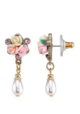 1928 Jewelry Gold Tone Crystal Ivory and Pink Porcelain Rose Faux Pearl Drop Earrings