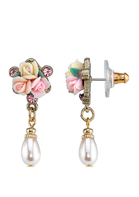Gold Tone Crystal Ivory and Pink Porcelain Rose Faux Pearl Drop Earrings