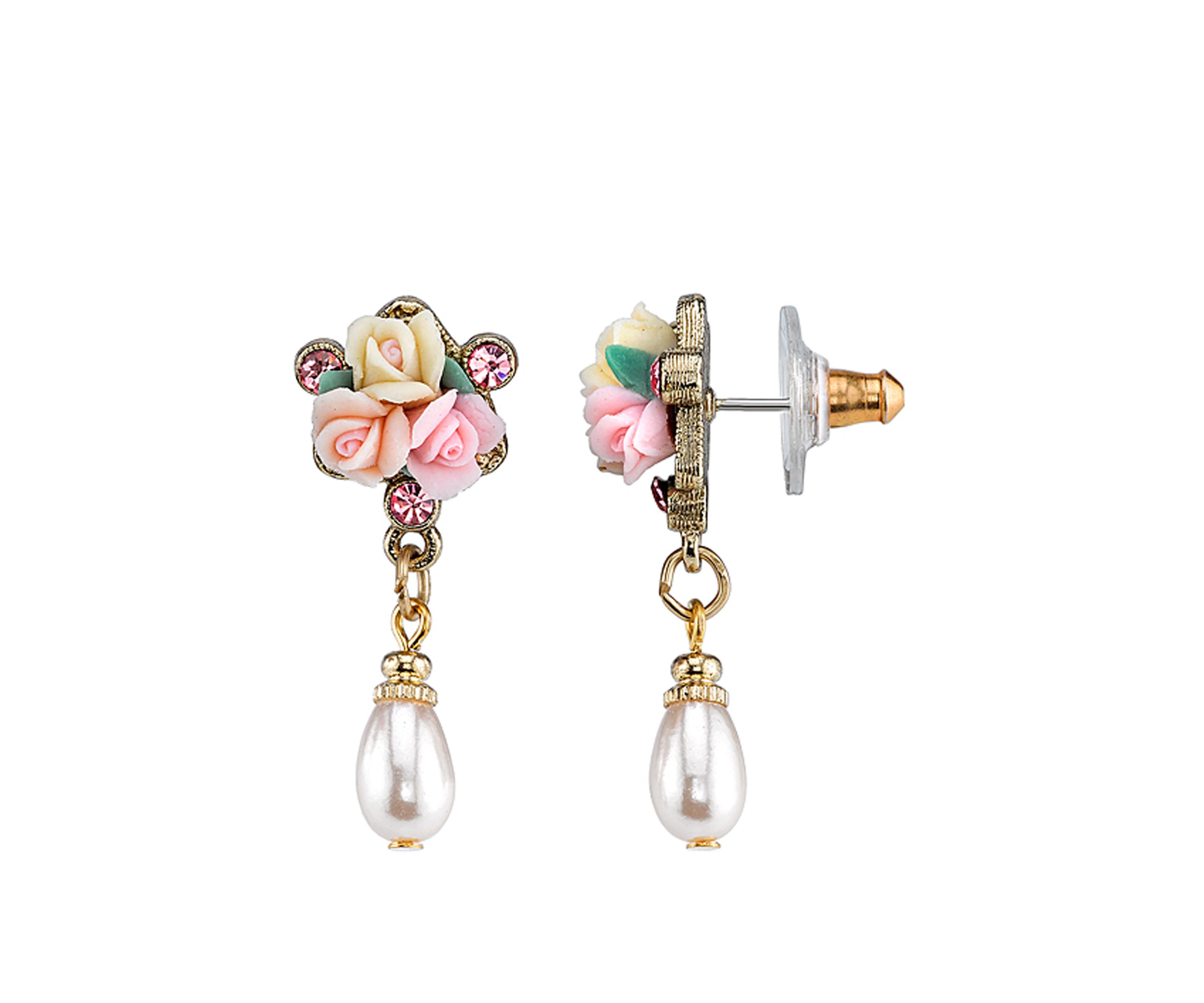 Gold Tone Crystal Ivory and Pink Porcelain Rose Faux Pearl Drop Earrings