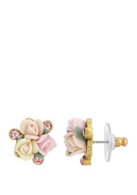 Gold Tone Pink Crystal and Ivory and Pink Porcelain Rose Button Earrings