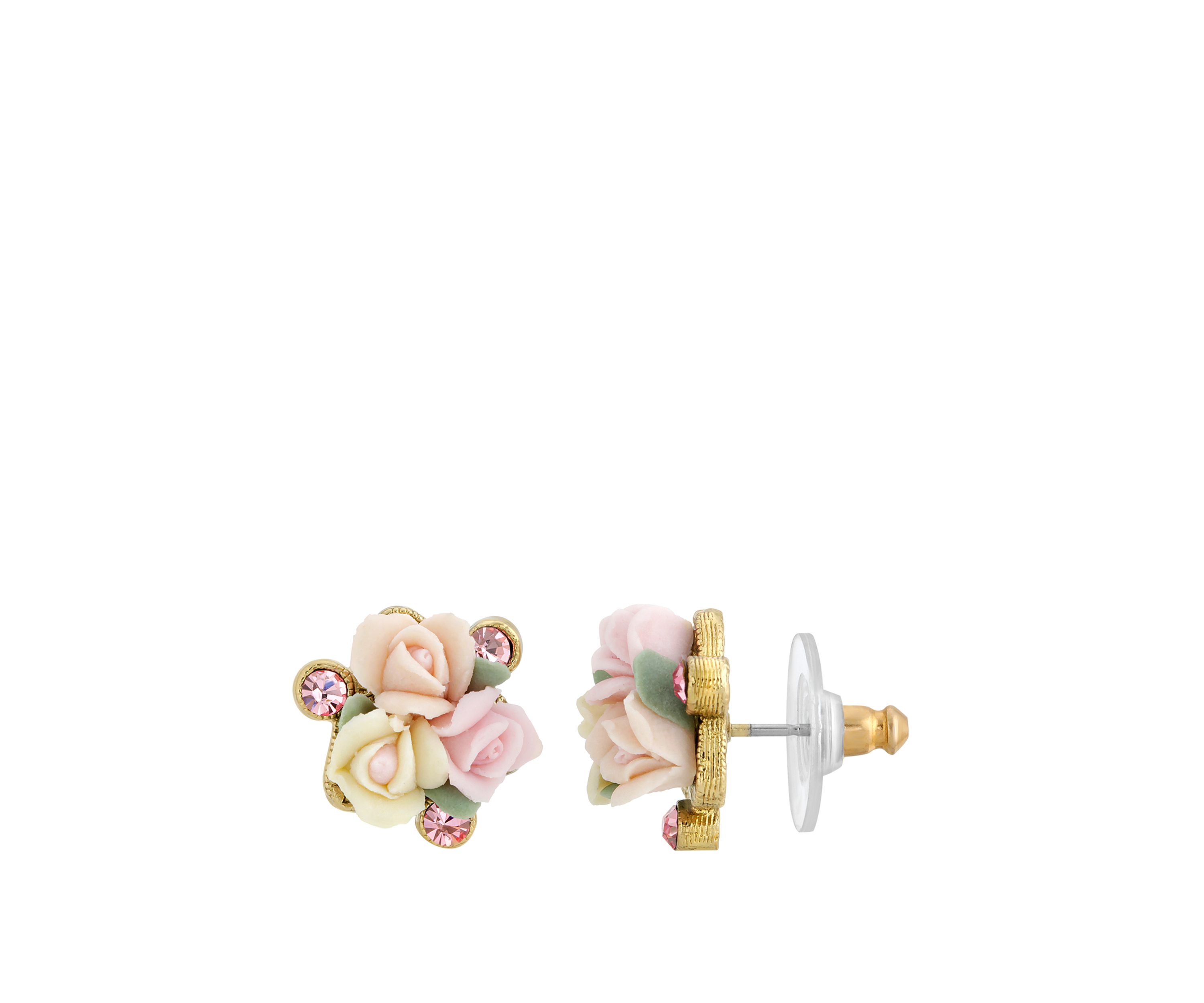 Gold Tone Pink Crystal and Ivory and Pink Porcelain Rose Button Earrings