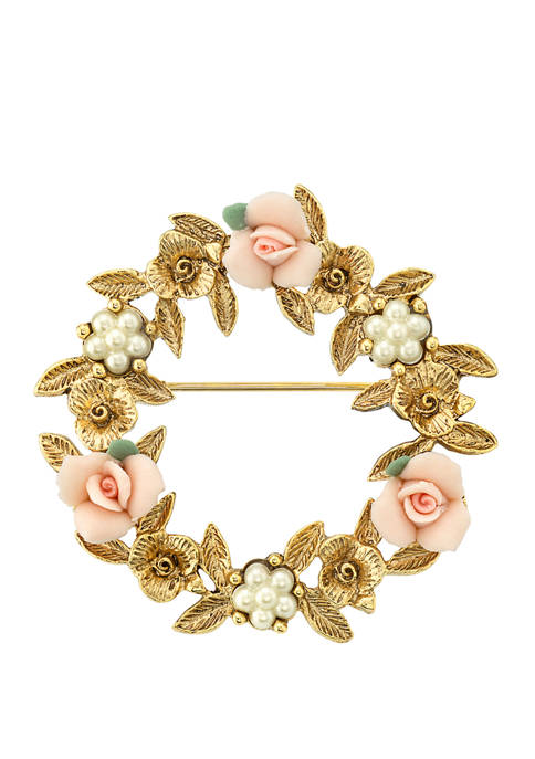 1928 Jewelry Gold Tone Pink Porcelain Rose Wreath