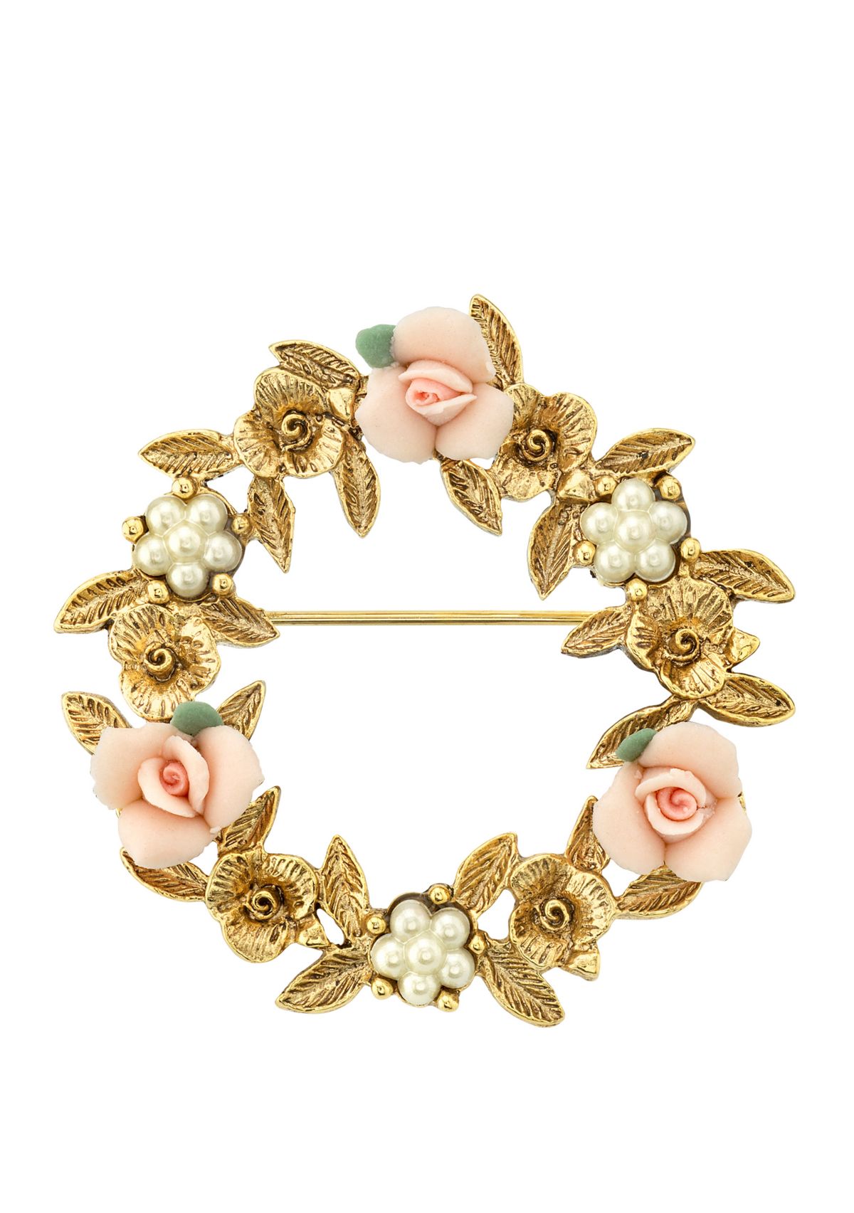 Gold Tone Pink Porcelain Rose Wreath Brooch