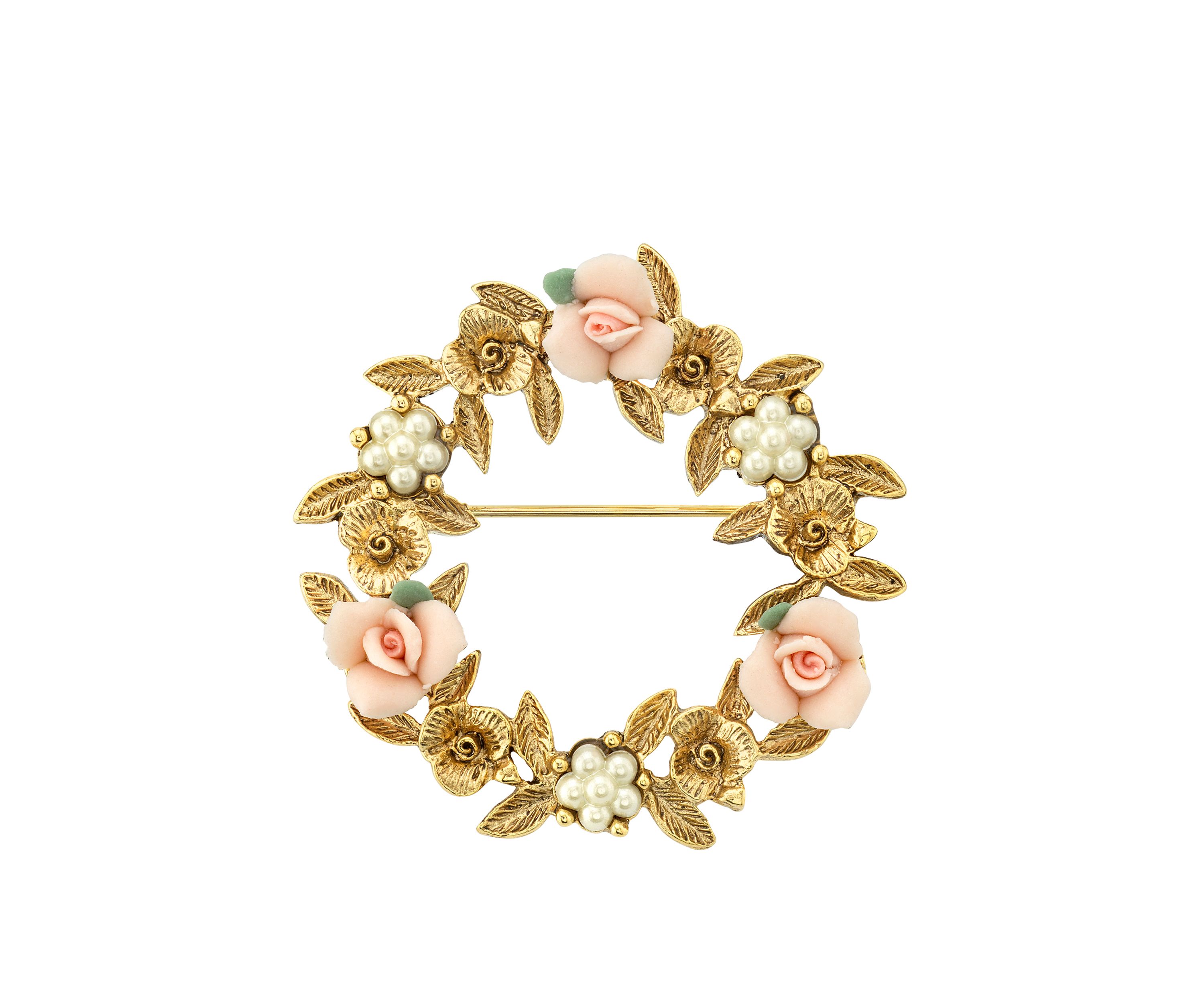Gold Tone Pink Porcelain Rose Wreath Brooch
