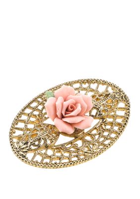 Gold Tone Pink Porcelain Rose Filigree Brooch