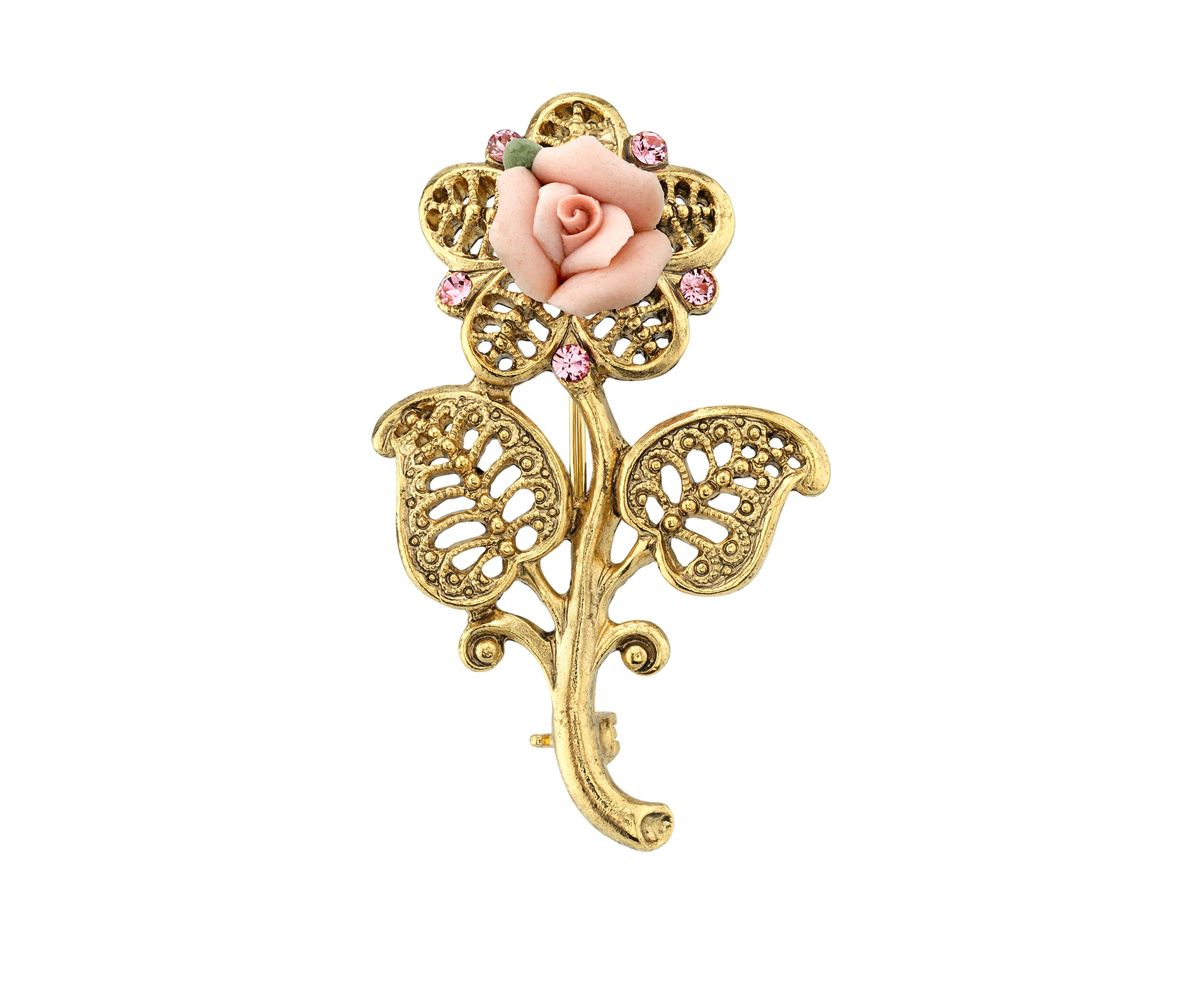 Gold Tone Pink Crystal and Porcelain Rose Brooch