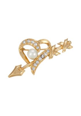 1928 Jewelry Gold-Tone Crystal and Faux Pearl Heart and Arrow Pin, White